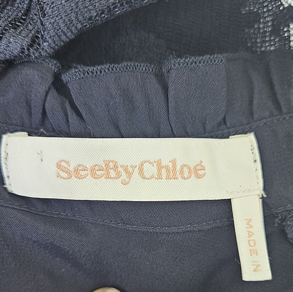 See By Chloe Navy Blue Lace High Neck Long Sleeve Ruffled Blouse - Picture 9 of 11